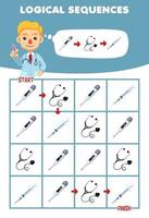 Education game for children logical sequence help doctor sort thermometer stethoscope and syringe from start to finish printable tool worksheet vector