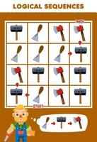 Education game for children logical sequence help carpenter sort chisel hammer and axe from start to finish printable tool worksheet vector