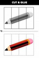 Education game for children cut and glue with cute cartoon pencil picture printable tool worksheet vector