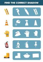 Education game for children find the correct shadow silhouette of cute cartoon ladder traffic cone glove extinguisher boot printable tool worksheet vector