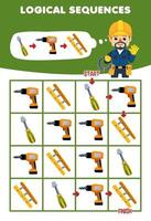 Education game for children logical sequence help electrician sort screwdriver drill and ladder from start to finish printable tool worksheet vector