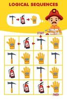 Education game for children logical sequence help firefighter sort pickaxe extinguisher and glove from start to finish printable tool worksheet vector