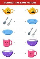 Education game for children connect the same picture of cartoon teapot fork spoon plate mug bowl picture printable tool worksheet vector