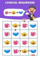 Education game for children logical sequence help waiter sort mug teapot and bowl from start to finish printable tool worksheet vector