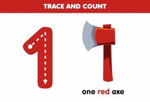 Education game for children tracing number one and counting of cute cartoon red axe printable tool worksheet vector