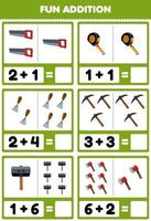 Education game for children fun addition by counting and sum of cute cartoon saw measure tape chisel pickaxe hammer axe printable tool worksheet vector