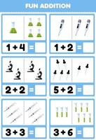 Education game for children fun addition by counting and sum of cute cartoon beaker thermometer microscope dropper syringe test tube printable tool worksheet vector