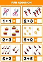 Education game for children fun addition by counting and sum of cute cartoon scissor wrench toolbox tape toilet vacuum cutter printable tool worksheet vector