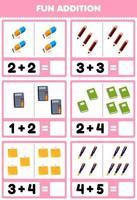 Education game for children fun addition by counting and sum of cute cartoon eraser pencil calculator book pen printable tool worksheet vector