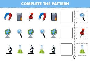 educación juego para niños completar el modelo para linda dibujos animados imán calculadora alfiler globo lupa microscopio cubilete imprimible hoja de cálculo vector