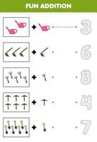 Education game for children fun counting and add one more cartoon watering can hoe fork pickaxe shovel then choose the correct number tool worksheet vector