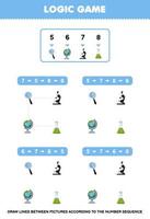 Education game for children draw lines according to the number sequences of cute cartoon magnifier globe microscope beaker pictures printable tool worksheet vector