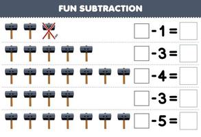 Education game for children fun subtraction by counting cute cartoon hammer in each row and eliminating it printable tool worksheet vector