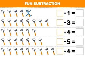 Education game for children fun subtraction by counting cute cartoon fork in each row and eliminating it printable tool worksheet vector