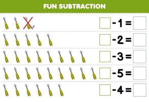 Education game for children fun subtraction by counting cute cartoon screwdriver in each row and eliminating it printable tool worksheet vector