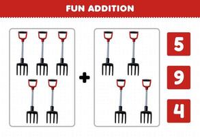 Education game for children fun addition by count and choose the correct answer of cute cartoon fork printable tool worksheet vector