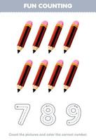 Education game for children count the pictures and color the correct number from cute cartoon pencil printable tool worksheet vector