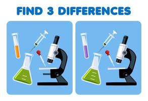 Education game for children find three differences between two cute cartoon test tube beaker syringe dropper and microscope picture printable tool worksheet vector