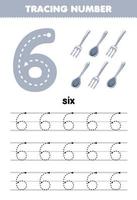 Education game for children tracing number six with gray fork and spoon picture printable tool worksheet vector