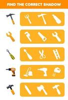 Education game for children find the correct shadow silhouette of cute cartoon pickaxe wrench screwdriver drill hammer printable tool worksheet vector