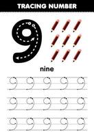 Education game for children tracing number nine with pencil picture printable tool worksheet vector