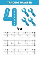 Education game for children tracing number four with blue wrench picture printable tool worksheet vector