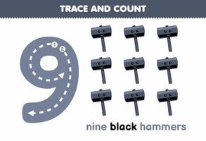 Education game for children tracing number nine and counting of cute cartoon black hammers printable tool worksheet vector