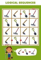 Education game for children logical sequence help farmer sort hoe shovel and rake from start to finish printable tool worksheet vector