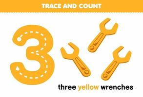 Education game for children tracing number three and counting of cute cartoon yellow wrenches printable tool worksheet vector