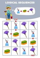 Education game for children logical sequence help janitor sort sprayer brush and duster from start to finish printable tool worksheet vector