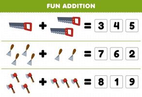 Education game for children fun addition by guess the correct number of cute cartoon saw chisel axe picture printable tool worksheet vector