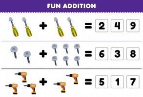 Education game for children fun addition by guess the correct number of cute cartoon screwdriver screw drill picture printable tool worksheet vector