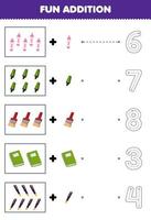 Education game for children fun counting and add one more cartoon crayon marker brush book pen then choose the correct number tool worksheet vector