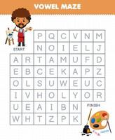 Education game for children vowel maze help cute cartoon painter move to brush ink palette crayon printable tool worksheet vector