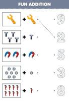 educación juego para niños divertido contando y añadir uno más dibujos animados llave inglesa tornillo imán nuez luego escoger el correcto número herramienta hoja de cálculo vector