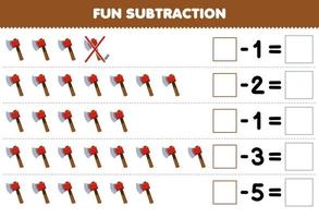 Education game for children fun subtraction by counting cute cartoon axe in each row and eliminating it printable tool worksheet vector