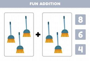 Education game for children fun addition by count and choose the correct answer of cute cartoon broom printable tool worksheet vector