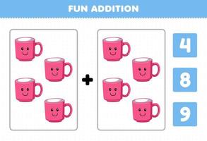 Education game for children fun addition by count and choose the correct answer of cute cartoon mug printable tool worksheet vector