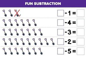 Education game for children fun subtraction by counting cute cartoon shovel in each row and eliminating it printable tool worksheet vector