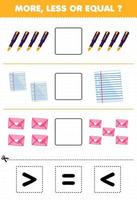 Education game for children count more less or equal of cartoon pen paper envelope then cut and glue the correct sign tool worksheet vector