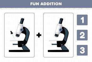 Education game for children fun addition by count and choose the correct answer of cute cartoon microscope printable tool worksheet vector