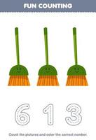 Education game for children count the pictures and color the correct number from cute cartoon broom printable tool worksheet vector