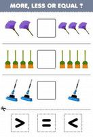 Education game for children count more less or equal of cartoon duster broom mop then cut and glue the correct sign tool worksheet vector