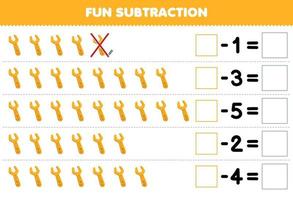 Education game for children fun subtraction by counting cute cartoon wrench in each row and eliminating it printable tool worksheet vector