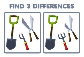 Education game for children find three differences between two cute cartoon fork shear and shovel picture printable tool worksheet vector