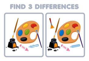 Education game for children find three differences between two cute cartoon brush ink palette and crayon picture printable tool worksheet vector