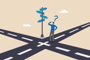 Business crossroads, finding solution or direction for success, confusion or what next challenge, opportunity choice or alternative concept, confused businessman at the crossroads thinking way to go. vector