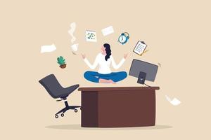 Employee wellbeing, being comfortable to work, project management or relax workplace, balance or productivity concept, office woman mindfulness meditating on working desk levitate working stuff. vector