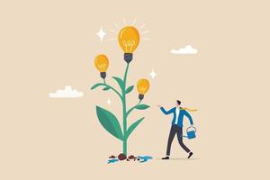 Planting new idea, growing business development, progress or growth strategy, solution, learning, education or creativity concept, smart businessman watering seedling grow high with lightbulb ideas. vector