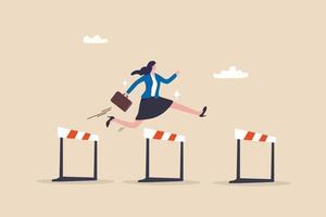 Overcome obstacle or challenge, success journey or aspirations, determination, progress or effort to overcome difficulty concept, confidence businesswoman entrepreneur jumping over series of hurdles. vector